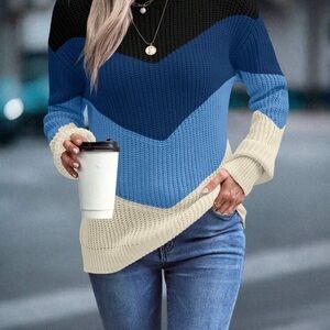 NWOT SHEIN Colorblock Knit Sweater - Black, Blue, Cream Size Small